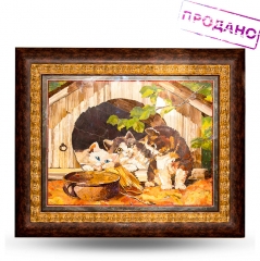 Флорентийская мозаика "Котята" Драгоценный камень яшма
