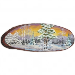 Срез дерева с рисунком "Зимний закат" Камень малахит, топаз, горный хрусталь ручная работа