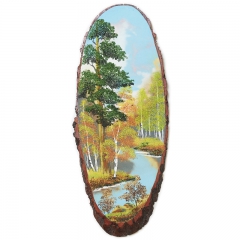 Срез дерева с рисунком "Река в лесу" Камни малахит, цитрин, хризолит, сердолик, ручная работа