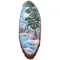 Срез дерева с рисунком "Зима" Камни малахит, топаз, горный хрусталь, аметист ручная работа