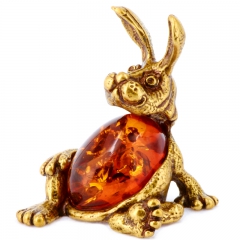 Фигурка из натурального камня "Кролик" Драгоценный камень янтарь Литье бронза