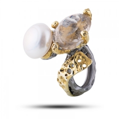 Эксклюзивное кольцо Камень кварц волосатик, жемчуг