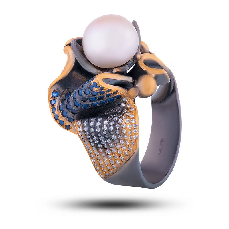 Авторское кольцо с натуральными камнями "Дали" Бренд "Denisov & Gems"  Драгоценный камень: жемчуг, шпинель, фианит;