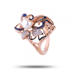 Эксклюзивное золотое кольцо с бриллиантами, сапфирами и жемчугом