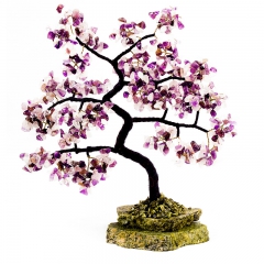 Бонсай "Японская сакура ",драгоценый камень Аметист, розовый кварц
