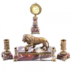 Письменный набор из натурального камня "Лев с шаром" Драгоценный камень яшма Патинированная бронза