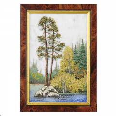 Картина из камня "Река в лесу"  Драгоценный камень мрамор, хризолит, цитрин, лазурит