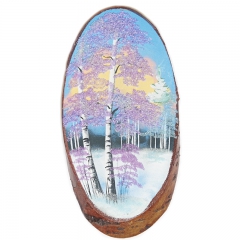 Срез дерева с рисунком "Зимний закат" Камни аметист, горный хрусталь