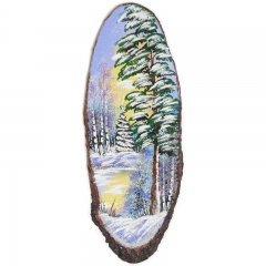Срез дерева с рисунком "Зимний пейзаж" Камни малахит, аметист, горный хрусталь ручная работа