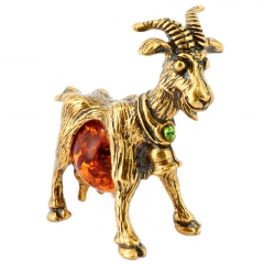 Фигурка с натуральным камнем "Коза с колокольчиком" Драгоценный камень янтарь, хризолит Литье бронза