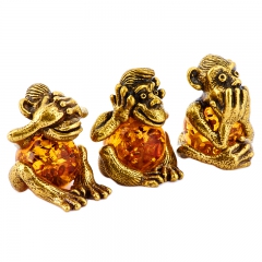 Фигурки из камня "Три обезьяны"  Драгоценный камень янтарь Литье бронза