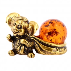 Фигурка из натурального камня "Мышь" Драгоценный камень янтарь Литье бронза