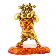 Фигурка из натурального камня "Бык боксер" Драгоценный камень янтарь Литье бронза