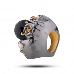 Эксклюзивное кольцо Камень шерл, родолит, жемчуг