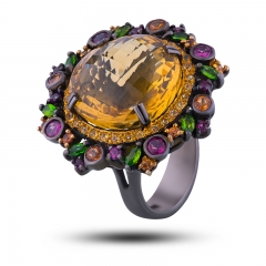 Авторское кольцо с камнями цитрин, хризопраз, шпинель