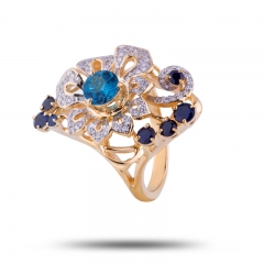 Эксклюзивное золотое кольцо с бриллиантами, сапфирами и топазом