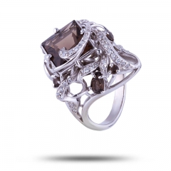 Серебряное кольцо с драгоценным камнем раухтопаз, фианит